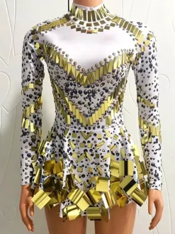 Robe courte à sequins scintillante pour danseuse de salon style miroir tenue de scène sexy et luxueuse.