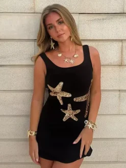 Robe courte à sequins étoiles de mer pour femme - Robe fourreau sexy sans manches à col rond et coupe ajustée - Collection été 2026