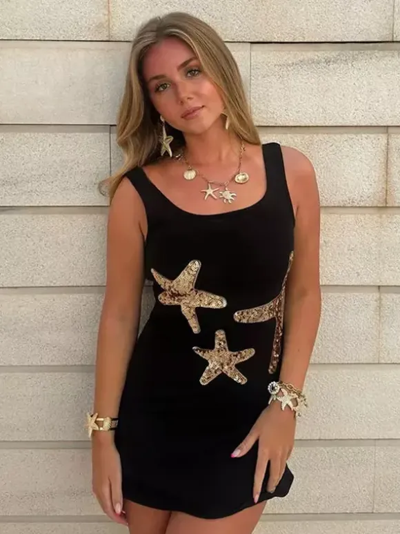 Robe courte à sequins étoiles de mer pour femme - Robe fourreau sexy sans manches à col rond et coupe ajustée - Collection été 2026