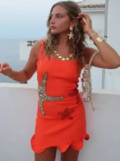 Robe courte à sequins étoiles de mer pour femme - Robe fourreau sexy sans manches à col rond et coupe ajustée - Collection été 2026
