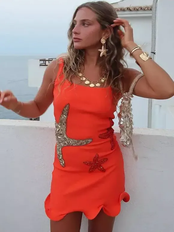 Robe courte à sequins étoiles de mer pour femme - Robe fourreau sexy sans manches à col rond et coupe ajustée - Collection été 2026