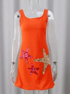 Robe courte à sequins étoiles de mer pour femme - Robe fourreau sexy sans manches à col rond et coupe ajustée - Collection été 2026