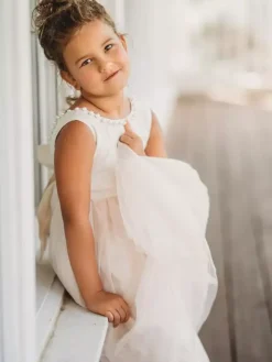 Robe cérémonie fille robe cortège enfant ivoire dos en V décoré des perles avec ceinture longueur cheville