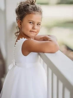 Robe cérémonie fille robe cortège enfant ivoire dos en V décoré des perles avec ceinture longueur cheville