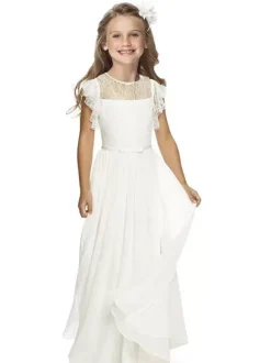 Robe cérémonie fille robe cortège enfant col rond sans manche zip sur dos au sol