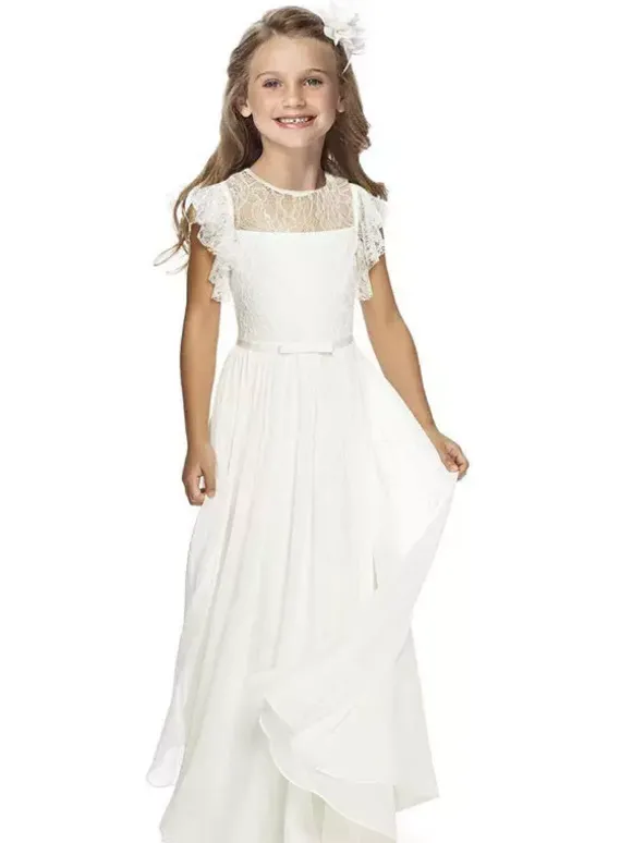 Robe cérémonie fille robe cortège enfant col rond sans manche zip sur dos au sol