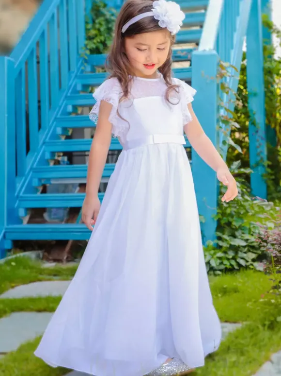 Robe cérémonie fille robe cortège enfant col rond sans manche zip sur dos au sol