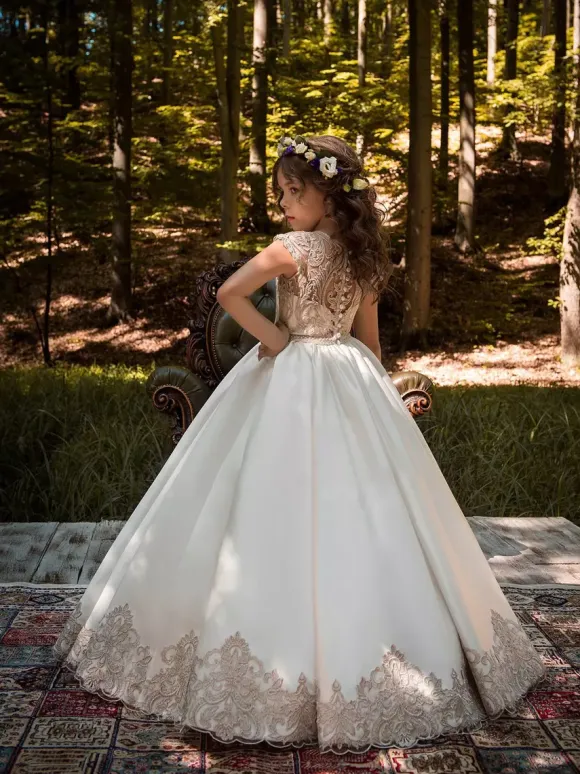 Robe cérémonie fille robe cortège enfant rose en satin col rond boutonné sur dos au sol