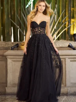 Robe de bal A-Line col en c艙ur en tulle sans manches en dentelle robes de soirée
