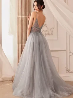 Robe de bal A-Line Col en V Tulle Sans manches Fendue devant Robes de soirée