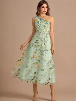 Robe de bal asymétrique à fleurs sans manches longueur thé coupe trapèze en dentelle brodée