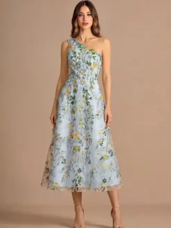 Robe de bal asymétrique à fleurs sans manches longueur thé coupe trapèze en dentelle brodée