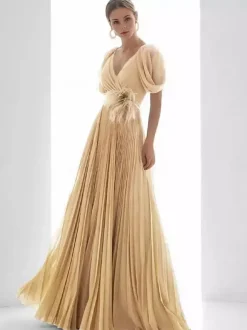 Robe de bal en mousseline de soie col en V coupe trapèze manches courtes plumes robes d'invitées de mariage