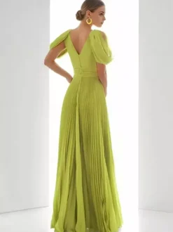 Robe de bal en mousseline de soie col en V coupe trapèze manches courtes plumes robes d'invitées de mariage