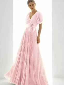Robe de bal en mousseline de soie col en V coupe trapèze manches courtes plumes robes d'invitées de mariage