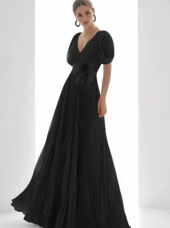 Robe de bal en mousseline de soie col en V coupe trapèze manches courtes plumes robes d'invitées de mariage
