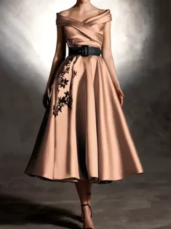 Robe de bal en satin décolleté travaillé manches courtes ornée d'appliqués