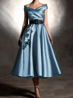 Robe de bal en satin décolleté travaillé manches courtes ornée d'appliqués