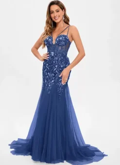 Robe de bal en tulle sans bretelles style sirène sans manches à paillettes robes de soirée
