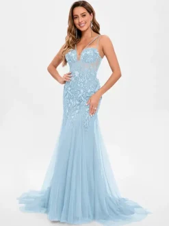 Robe de bal en tulle sans bretelles style sirène sans manches à paillettes robes de soirée