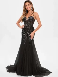 Robe de bal en tulle sans bretelles style sirène sans manches à paillettes robes de soirée