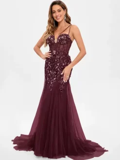 Robe de bal en tulle sans bretelles style sirène sans manches à paillettes robes de soirée