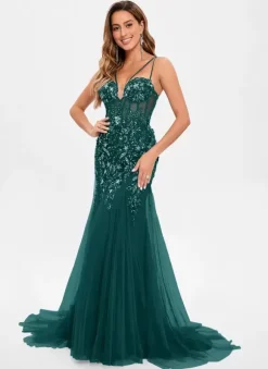 Robe de bal en tulle sans bretelles style sirène sans manches à paillettes robes de soirée