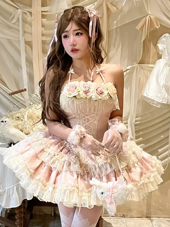 Robe de ballerine Lolita pour homme bleue et rose à volants JSK à lacets robe Sweet Lolita