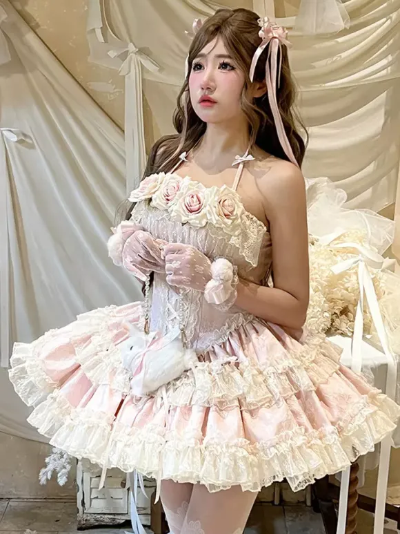 Robe de ballerine Lolita pour homme bleue et rose à volants JSK à lacets robe Sweet Lolita