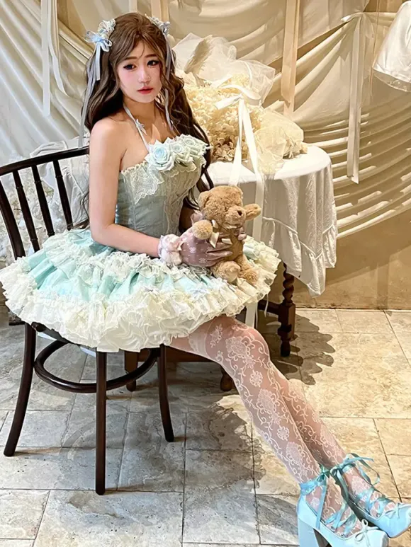 Robe de ballerine Lolita pour homme bleue et rose à volants JSK à lacets robe Sweet Lolita
