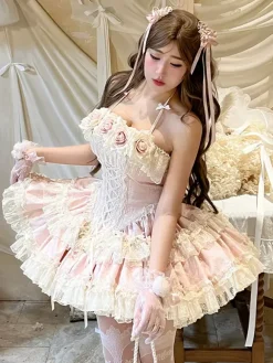 Robe de ballerine Lolita pour homme bleue et rose à volants JSK à lacets robe Sweet Lolita
