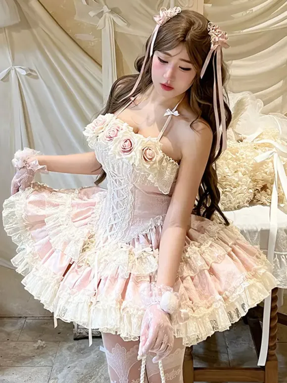 Robe de ballerine Lolita pour homme bleue et rose à volants JSK à lacets robe Sweet Lolita