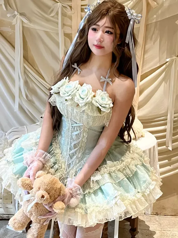Robe de ballerine Lolita pour homme bleue et rose à volants JSK à lacets robe Sweet Lolita
