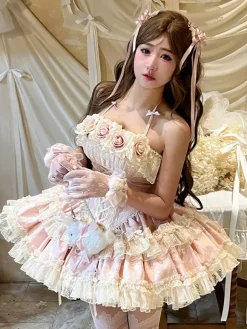 Robe de ballerine Lolita pour homme bleue et rose à volants JSK à lacets robe Sweet Lolita