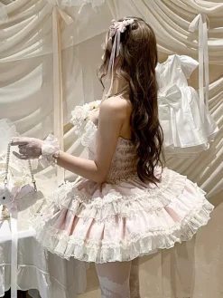 Robe de ballerine Lolita pour homme bleue et rose à volants JSK à lacets robe Sweet Lolita