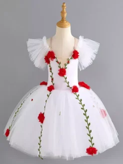 Robe de ballet blanche pour fille ornée d'appliqués floraux en polyester pour la danse