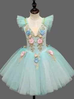 Robe de ballet bleu ciel clair pour enfants robe tutu à volants et fleurs tenue de danse