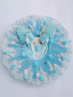 Robe de ballet bleu ciel clair pour fille ballerine en polyester dentelle appliquée robe en tulle tenue de spectacle