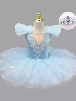 Robe de ballet bleu ciel clair pour fille ornée d'appliqués neige en polyester idéale pour les spectacles.