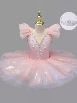 Robe de ballet bleu ciel clair pour fille ornée d'appliqués neige en polyester idéale pour les spectacles.