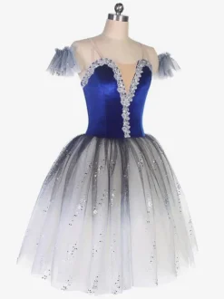 Robe de Ballet Bleue Femme Enfant Ballerine Strass Volants Dentelle Polyester Robe Performance Wear