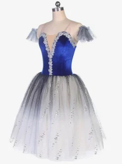 Robe de Ballet Bleue Femme Enfant Ballerine Strass Volants Dentelle Polyester Robe Performance Wear