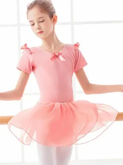 Robe de ballet Rose Ballerine enfants Arcs plissés Dos Nu Robe Tunique Vêtements de danse fille costume de danse