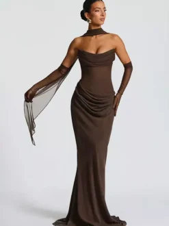 Robe de bal longue sirène cintrée à taille froncée avec foulard pour femme 2026