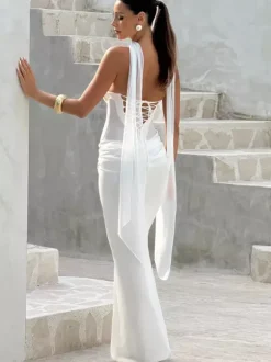 Robe de bal longue sirène cintrée à taille froncée avec foulard pour femme 2026