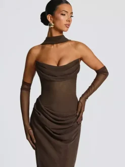 Robe de bal longue sirène cintrée à taille froncée avec foulard pour femme 2026
