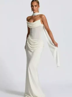 Robe de bal longue sirène cintrée à taille froncée avec foulard pour femme 2026