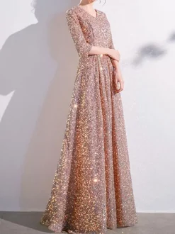 Robe de bal à paillettes col en V demi-manches robes de soirée