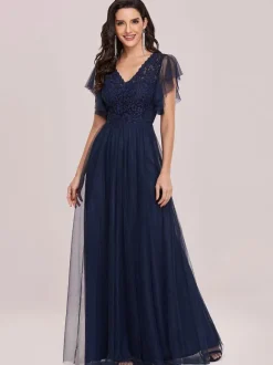 Robe de bal robe de cocktail mariage col V manche courte au sol