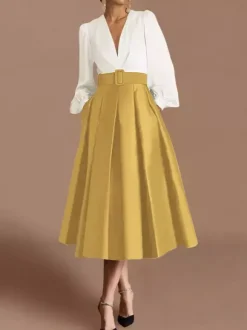 Robe de bal robe de soirée col en V satin manches longues ceinture robe de concours